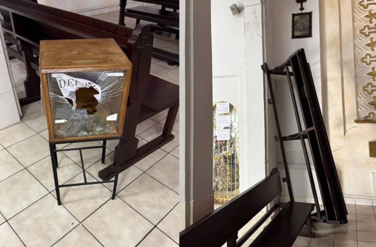 Los ladrones habrían ingresado a la parroquia por dos vitrales que quebraron y escaparon utilizando bancas para improvisar una escalera. Foto La Hora: Pasos de Fe