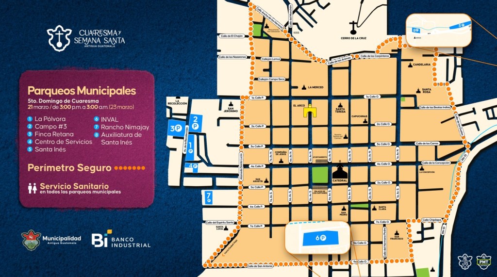 La Policía Municipal de Antigua Guatemala comparte los parqueos habilitados para este fin de semana de Cuaresma. Foto: Cortesía