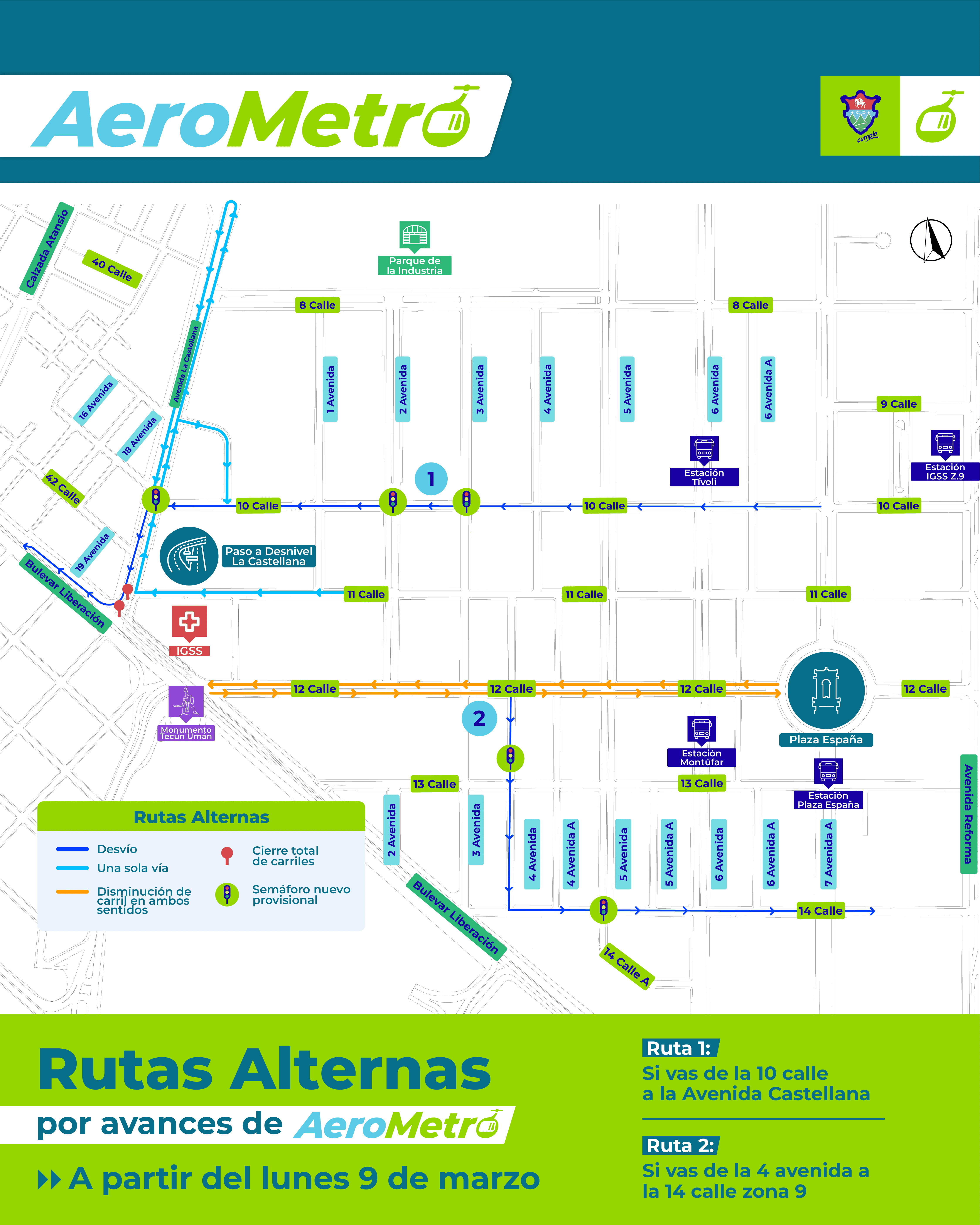 Rutas, cierres y desvíos por trabajos del AeroMetro.Foto: Municipalidad de Guatemala