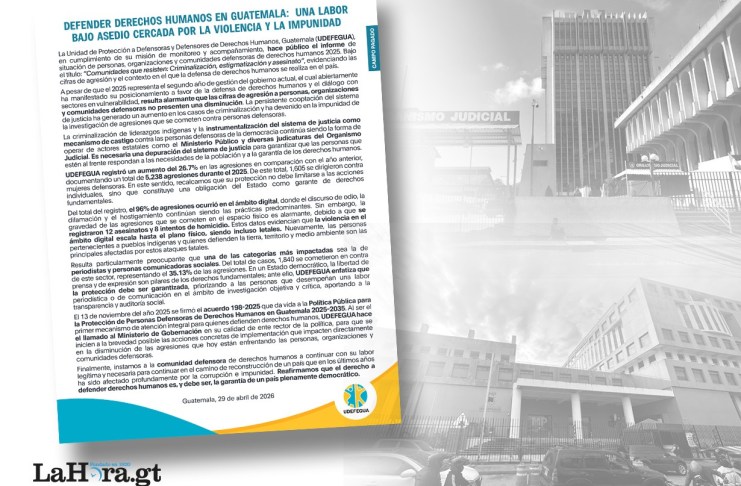 UDEFEGUA: defender los Derechos Humanos se sigue siendo una labor bajo riesgo. Foto: La Hora/Diego España/ MP/ UDEFEGUA.