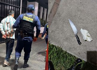 Hombre detenido por acuchillar a su padre para presuntamente ser miembro del Barrio 18. Foto La Hora: PNC.