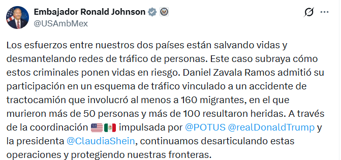 Pronunciamiento del embajador de Estados Unidos en México. Foto La Hora: captura de pantalla embajador de EE. UU. en México.