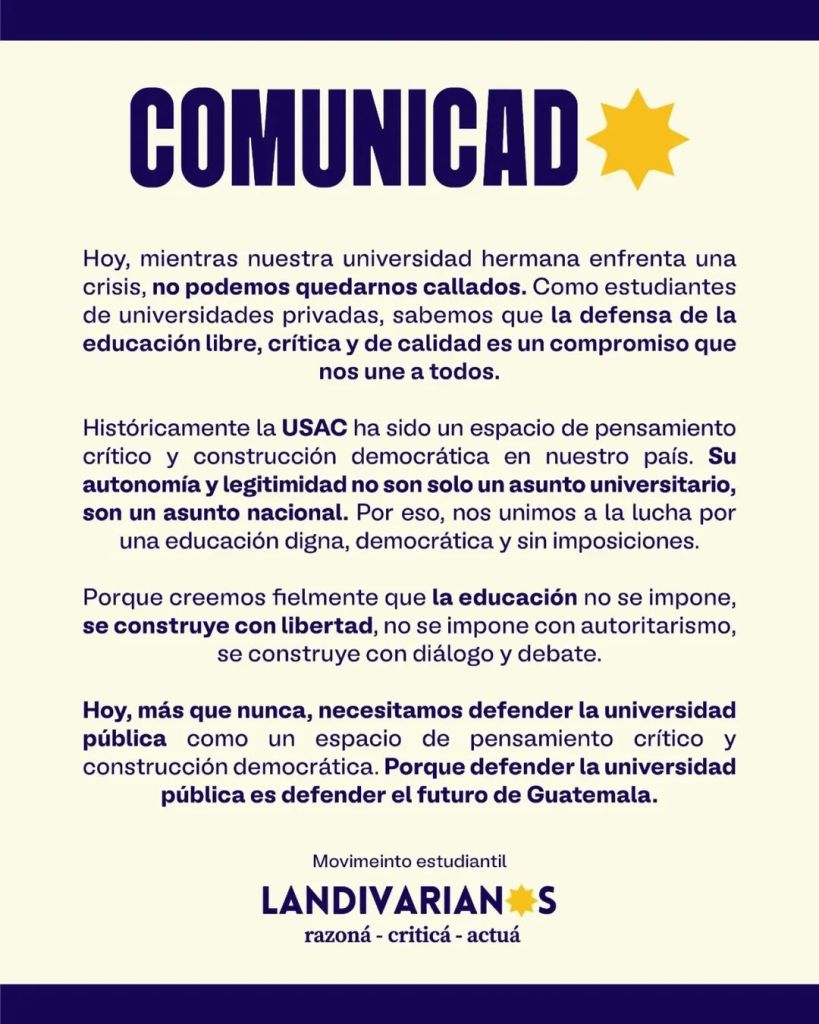 El movimiento estudiantil Landivariano se pronunció por la situación que vive la Usac. Foto La Hora: Landivarianos/FB