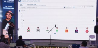 Fotografía que muestra la trasmisión de los escrutinios en la sede de la Oficina Nacional de Procesos Electorales (ONPE) este domingo, en Lima (Perú)