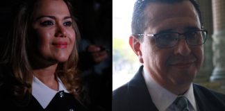 Aspirantes a Fiscal General Beyla Adaly Estrada (i) y Gabriel García Luna (d), tras el primer día de entrevistas ante el presidente Bernardo Arévalo. Foto La Hora: Kenneth Jordan