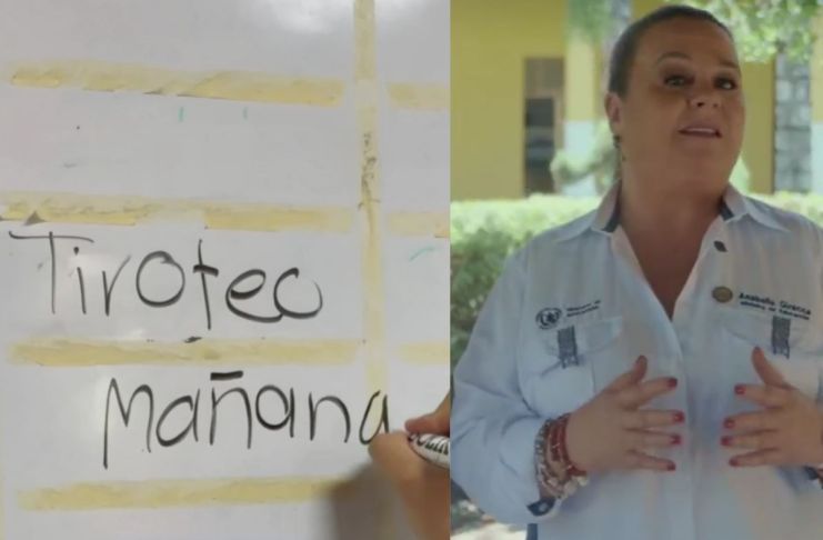 Ilustración de reto viral "tiroteo mañana" y la ministra de educación Anabella Giracca. Foto La Hora: Captura de pantalla