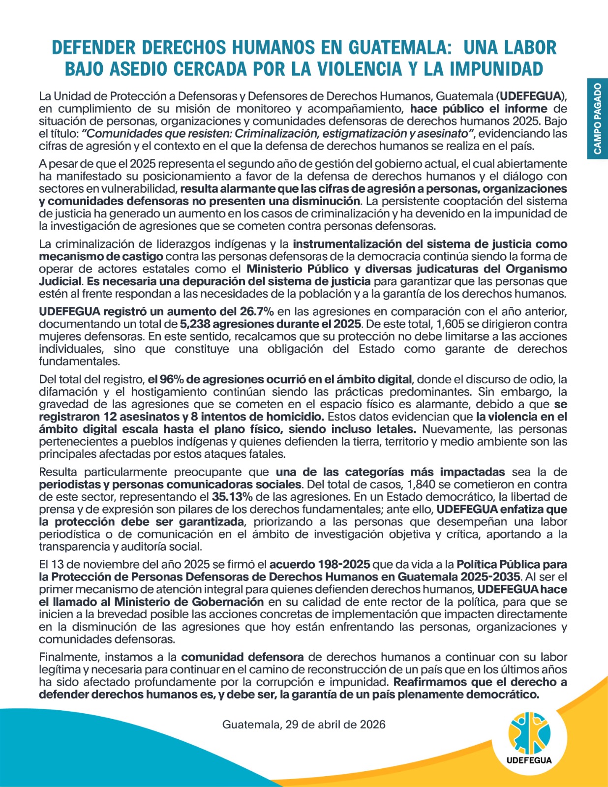 Comunicado de UDEFEGUA. Foto: La Hora/ UDEFEGUA.