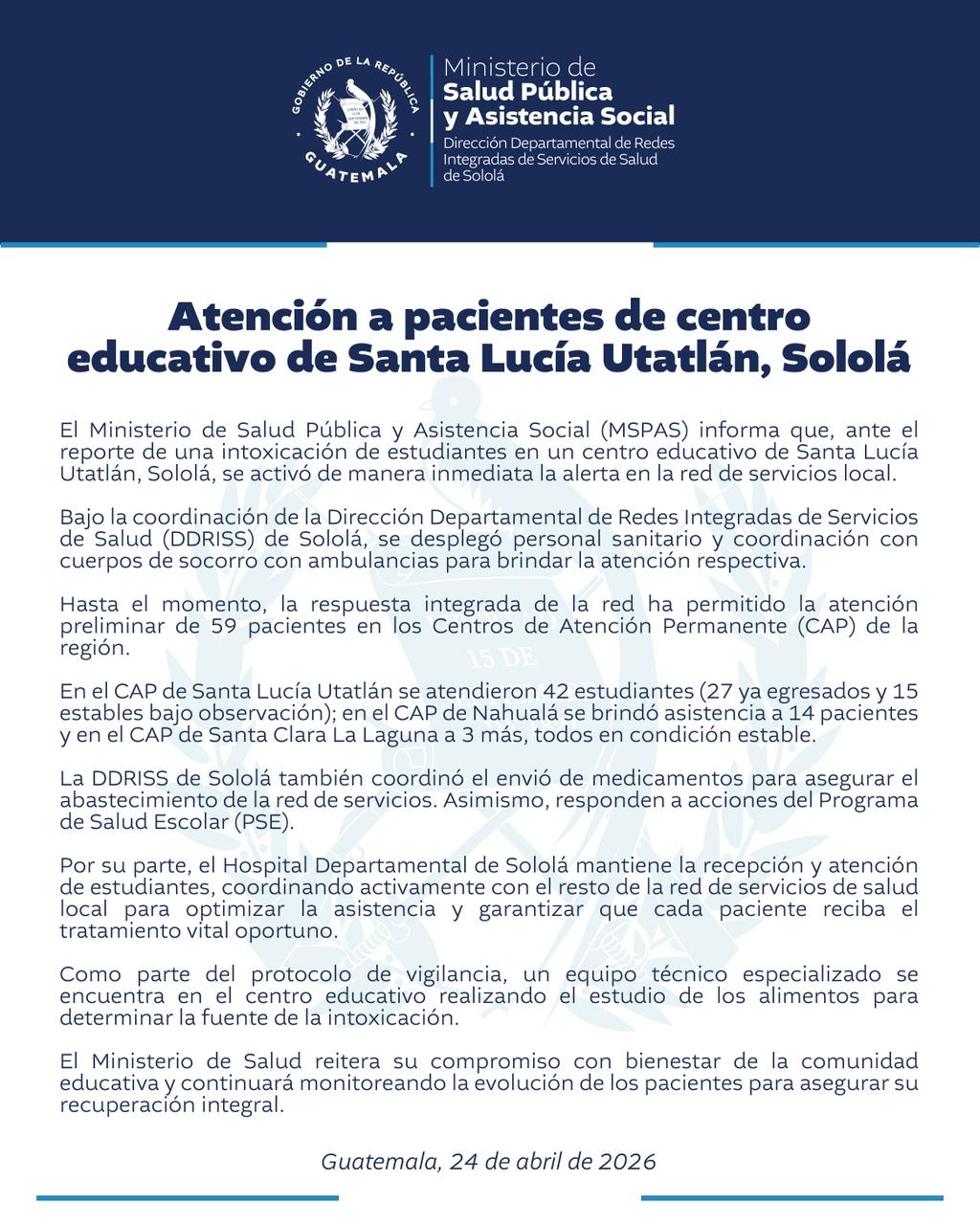 Salud informa de cifra de intoxicados. Foto La Hora: MSPAS