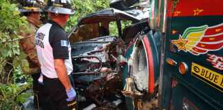 Al menos 10 heridos y un fallecido tras accidente de tránsito en el km 49 de la ruta Palín, Escuintla. Foto: CVB