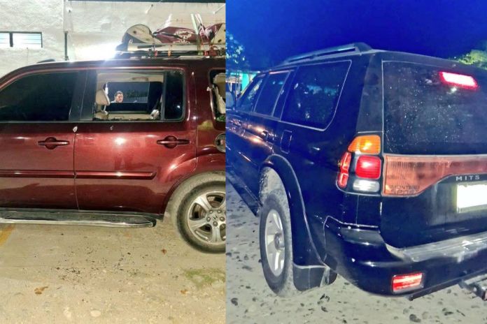 En estos dos vehículos se conducían las dos personas que se enfrentaron a balazos en el kilómetro 175 de la ruta al Atlántico. Foto La Hora: El Profe Informa