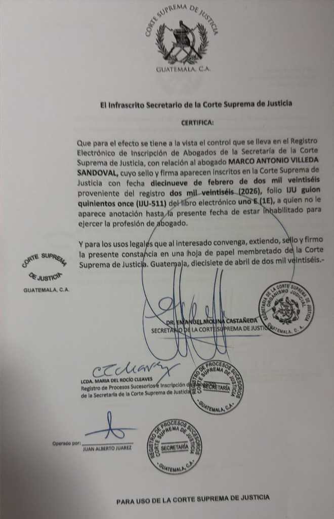 Cerficiación enviada por la Secretaria de la CSJ a la postuladora sobre la situación de Marco Antonio Villeda: Foto La Hora: Cortesía