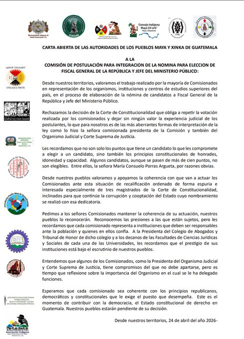 Comunicado de Autoridades de los Pueblos Maya y Xinka de Guatemala. 