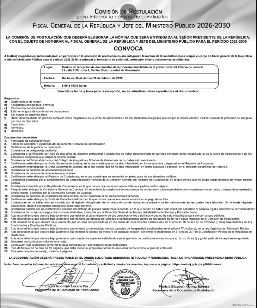 Convocatoria publicada por la comisión el 13 de febrero de 2026. Foto La Hora: DCA