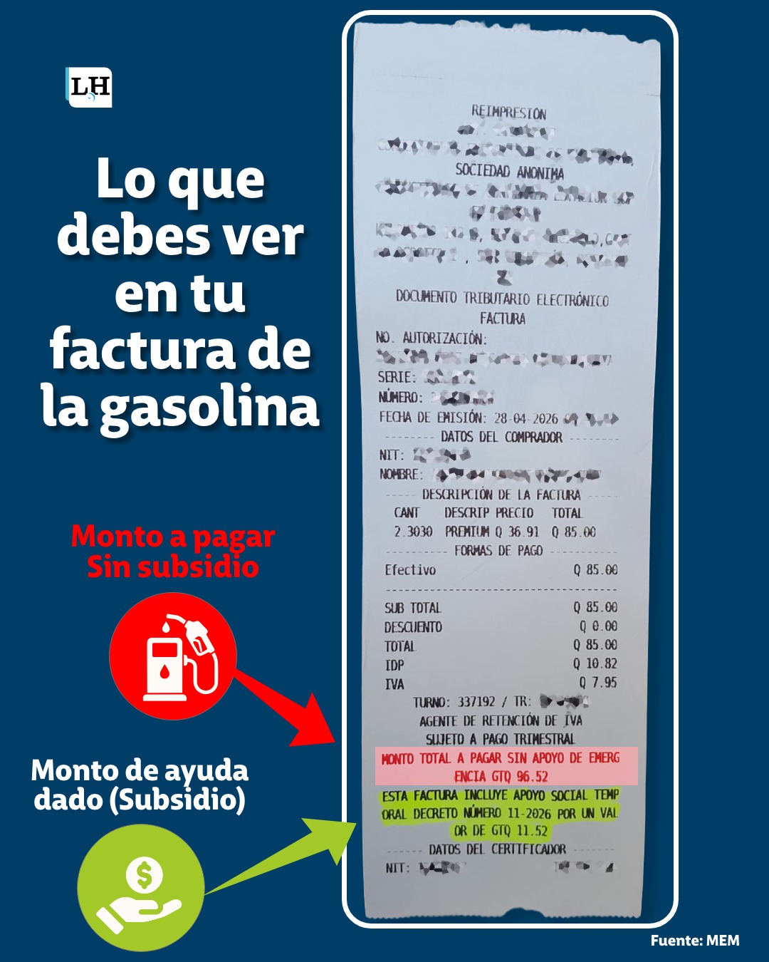Factura de referencia con los datos de la aplicación del subsidio vigente.