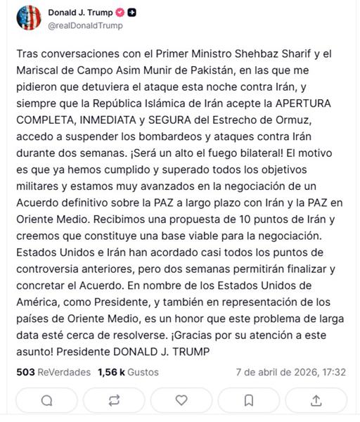 Captura de una publicación en la cuenta @realDonaldTrump en Truth Social del presidente de EE.UU., Donald Trump, este martes que anuncia el aplazamiento por dos semanas del ataque contra las infraestructuras críticas iraníes. Foto La Hora: EFE/ @realDonaldTrump 