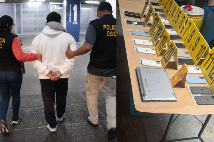 El operativo realizado por las fuerzas de seguridad en la colonia Landívar, zona 7, dejó como saldo la incautación de 20 celulares, 18 tarjetas SIM y una persona capturada. Foto La Hora: PNC