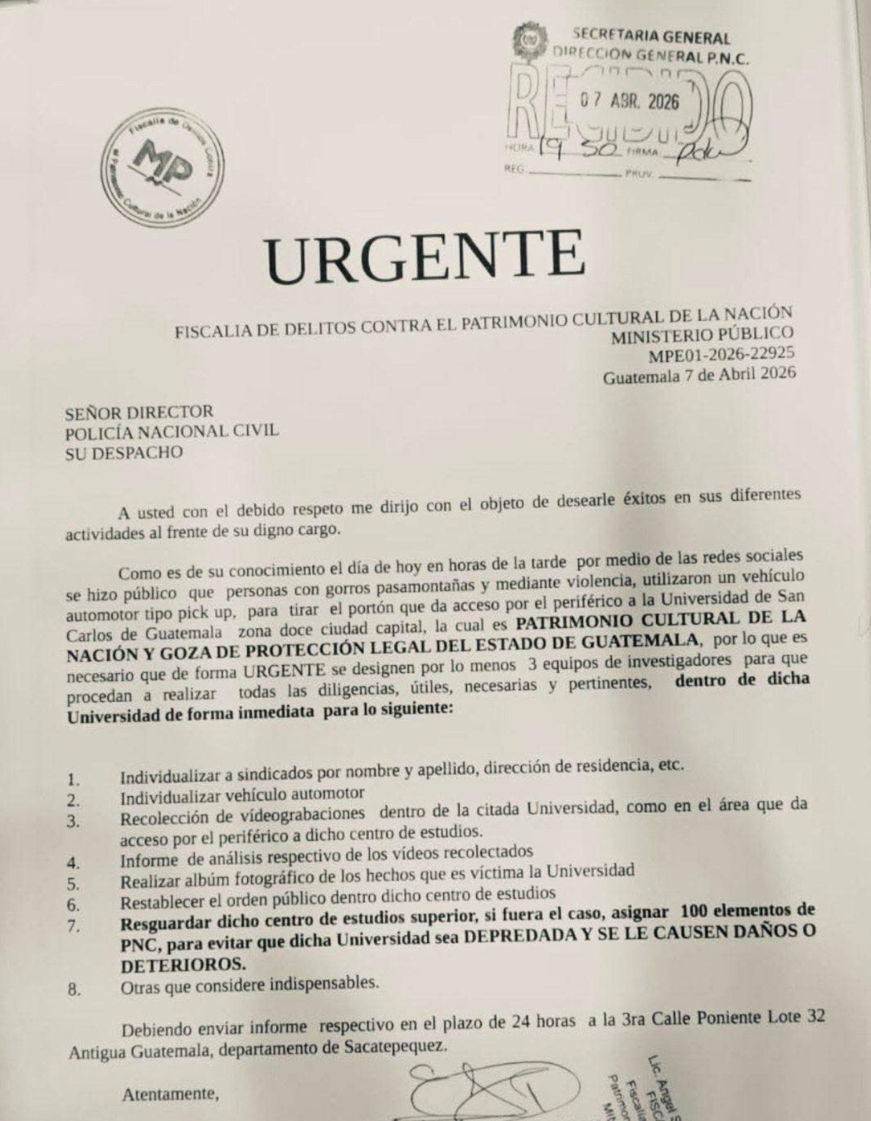 Oficio emitido por la Fiscalía de Delitos contra el Patrimonio Cultural de la Nación del Ministerio Público.