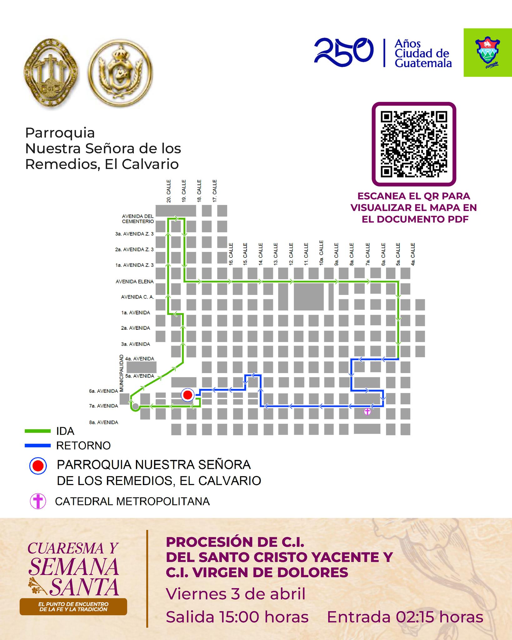Mapa del recorrido del Cortejo Procesional de la Parroquia Nuestra Señora de los Remedios, El Calvario. Foto: Dirección del Centro Histórico