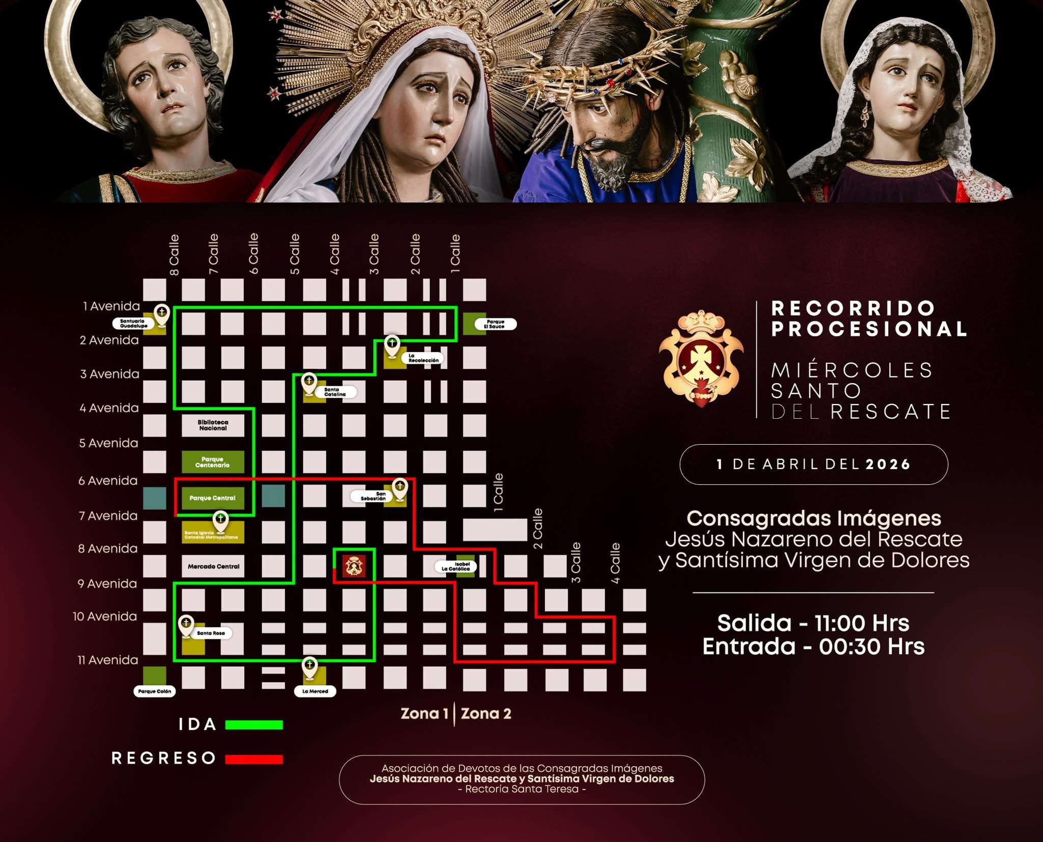 Este es el recorrido de la procesión de Jesús Nazareno del Rescate y la Virgen de Dolores del templo de Santa Teresa, la cual recorre distintas calles y avenidas desde las 11:00 horas de este Miércoles Santo.