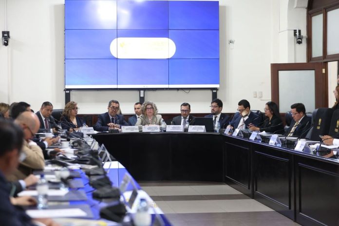 Los ministros de Finanzas y Economía, Jonathan Menkos, y Gabriela García, acuden a instancia de jefes de bloque para defender una propuesta para otorgar un subsidio al precio del galón del diésel y los combustibles. Foto: Congreso de la República