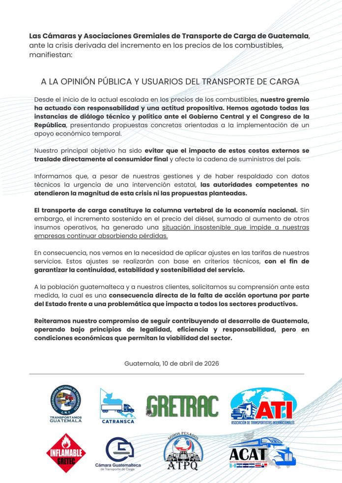 Transporte de carga anuncia incremento en sus tarifas tras alza en el precio del diésel