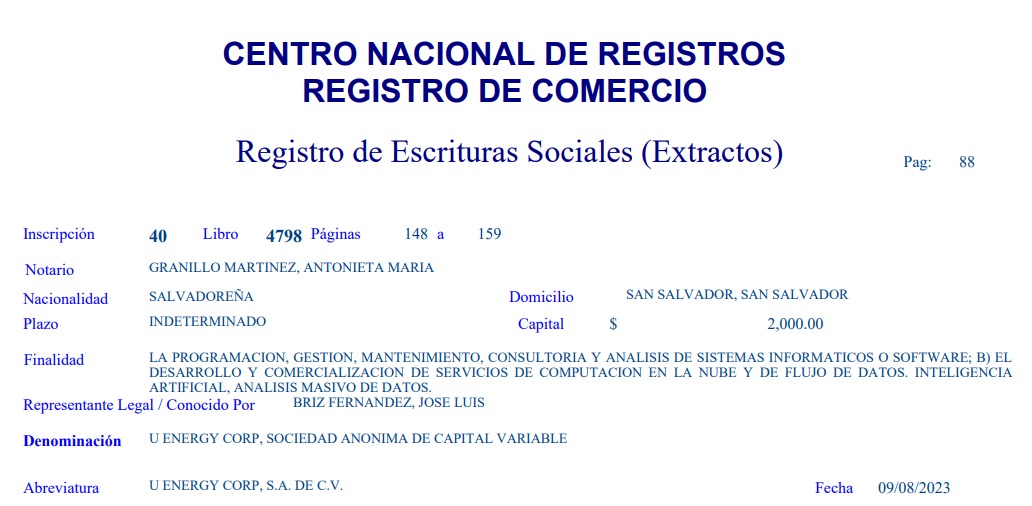 Información oficial del Centro Nacional de Registros de El Salvador evidencia el nexo entre uno de los anteriores representantes legales de New Generation Networks y U Energy Corp.