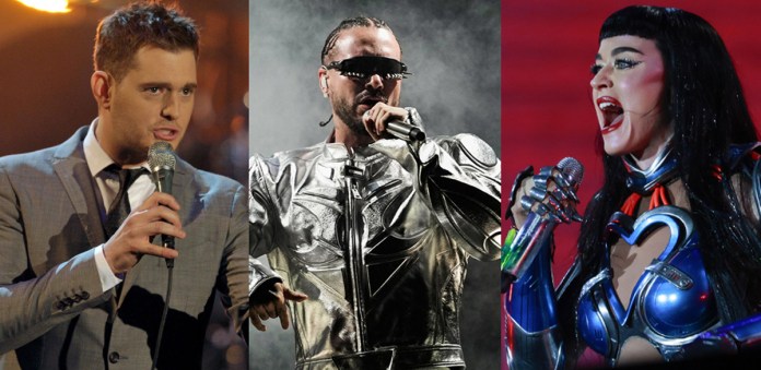Combo de fotografías que muestra al cantante candiense Michael Buble (i), al cantante y productor colombiano J Balvin (c), y la cantante estadounidense Katy Perry. Foto La Hora: EFE