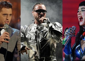 Combo de fotografías que muestra al cantante candiense Michael Buble (i), al cantante y productor colombiano J Balvin (c), y la cantante estadounidense Katy Perry. Foto La Hora: EFE