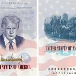 Fotografía divulgada por el Departamento de Estado de Estados Unidos que muestra dos páginas de un pasaporte, en una aparece el rostro del presidente Donald Trump enmarcado por la Declaración de Independencia y la bandera estadounidense, junto con su firma en color dorado; y en la otra página muestra a los Padres Fundadores firmando la declaración. EFE/ Departamento de Estado EEUU /SOLO USO EDITORIAL/ NO VENTAS/ SOLO DISPONIBLE PARA ILUSTRAR LA NOTICIA QUE ACOMPAÑA (CRÉDITO OBLIGATORIO)