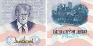 Fotografía divulgada por el Departamento de Estado de Estados Unidos que muestra dos páginas de un pasaporte, en una aparece el rostro del presidente Donald Trump enmarcado por la Declaración de Independencia y la bandera estadounidense, junto con su firma en color dorado; y en la otra página muestra a los Padres Fundadores firmando la declaración. EFE/ Departamento de Estado EEUU /SOLO USO EDITORIAL/ NO VENTAS/ SOLO DISPONIBLE PARA ILUSTRAR LA NOTICIA QUE ACOMPAÑA (CRÉDITO OBLIGATORIO)