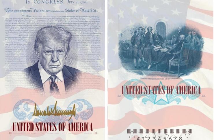 Fotografía divulgada por el Departamento de Estado de Estados Unidos que muestra dos páginas de un pasaporte, en una aparece el rostro del presidente Donald Trump enmarcado por la Declaración de Independencia y la bandera estadounidense, junto con su firma en color dorado; y en la otra página muestra a los Padres Fundadores firmando la declaración. EFE/ Departamento de Estado EEUU /SOLO USO EDITORIAL/ NO VENTAS/ SOLO DISPONIBLE PARA ILUSTRAR LA NOTICIA QUE ACOMPAÑA (CRÉDITO OBLIGATORIO)