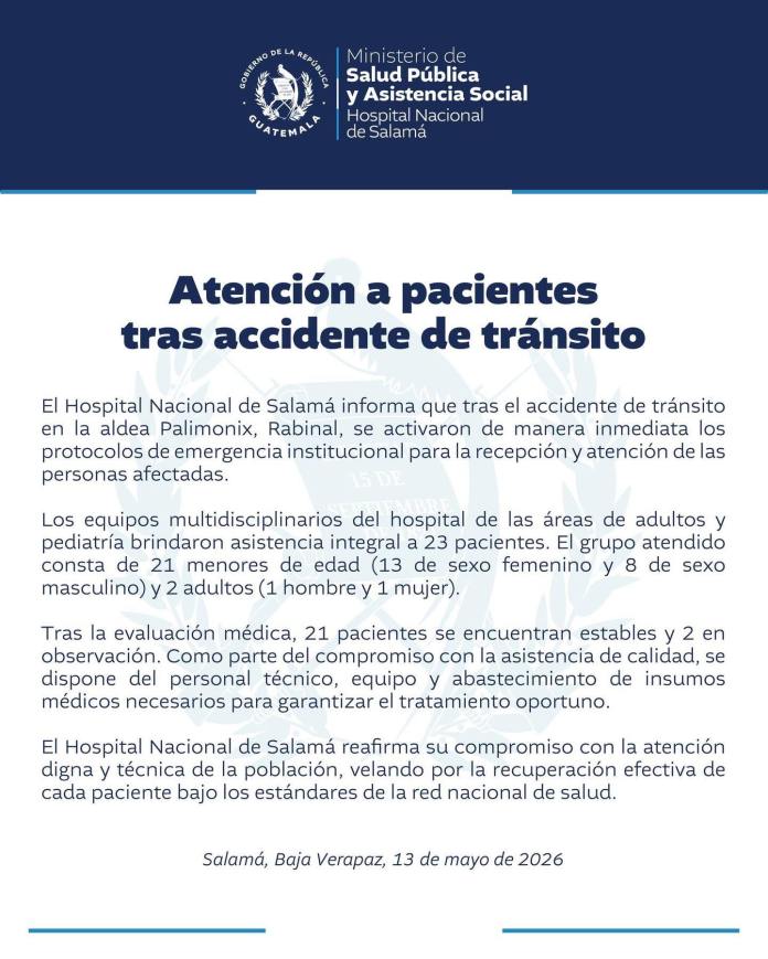 Comunicado del MSPAS sobre accidente de tránsito registrado en Rabinal. Foto La Hora: MSPAS