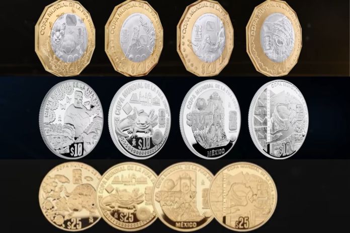 La colección de monedas bimetálicas, oro y plata conmemorativas del Mundial 2026. Foto La Hora: Banco de México.