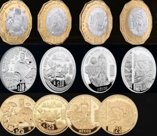 La colección de monedas bimetálicas, oro y plata conmemorativas del Mundial 2026. Foto La Hora: Banco de México.