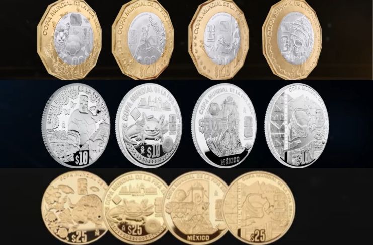 La colección de monedas bimetálicas, oro y plata conmemorativas del Mundial 2026. Foto La Hora: Banco de México.