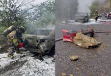 Vehículo prende en llamas tras caer una roca en Sansare, El Progreso