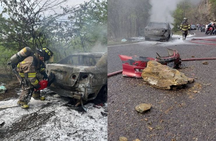 Vehículo prende en llamas tras caer una roca en Sansare, El Progreso