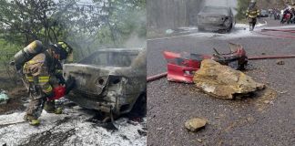 Vehículo prende en llamas tras ser impactado por una roca en Sansare, El Progreso Vehículo prende en llamas tras caer una roca en Sansare, El Progreso