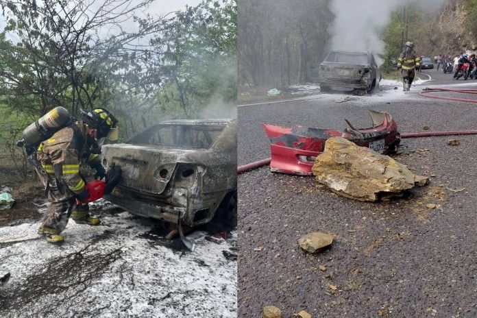 Artes LH (49) Vehículo prende en llamas tras caer una roca en Sansare, El Progreso