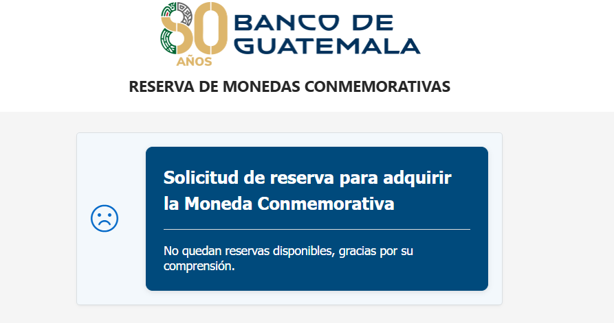 Página del Banguat indicando que ya no quedan reservas.