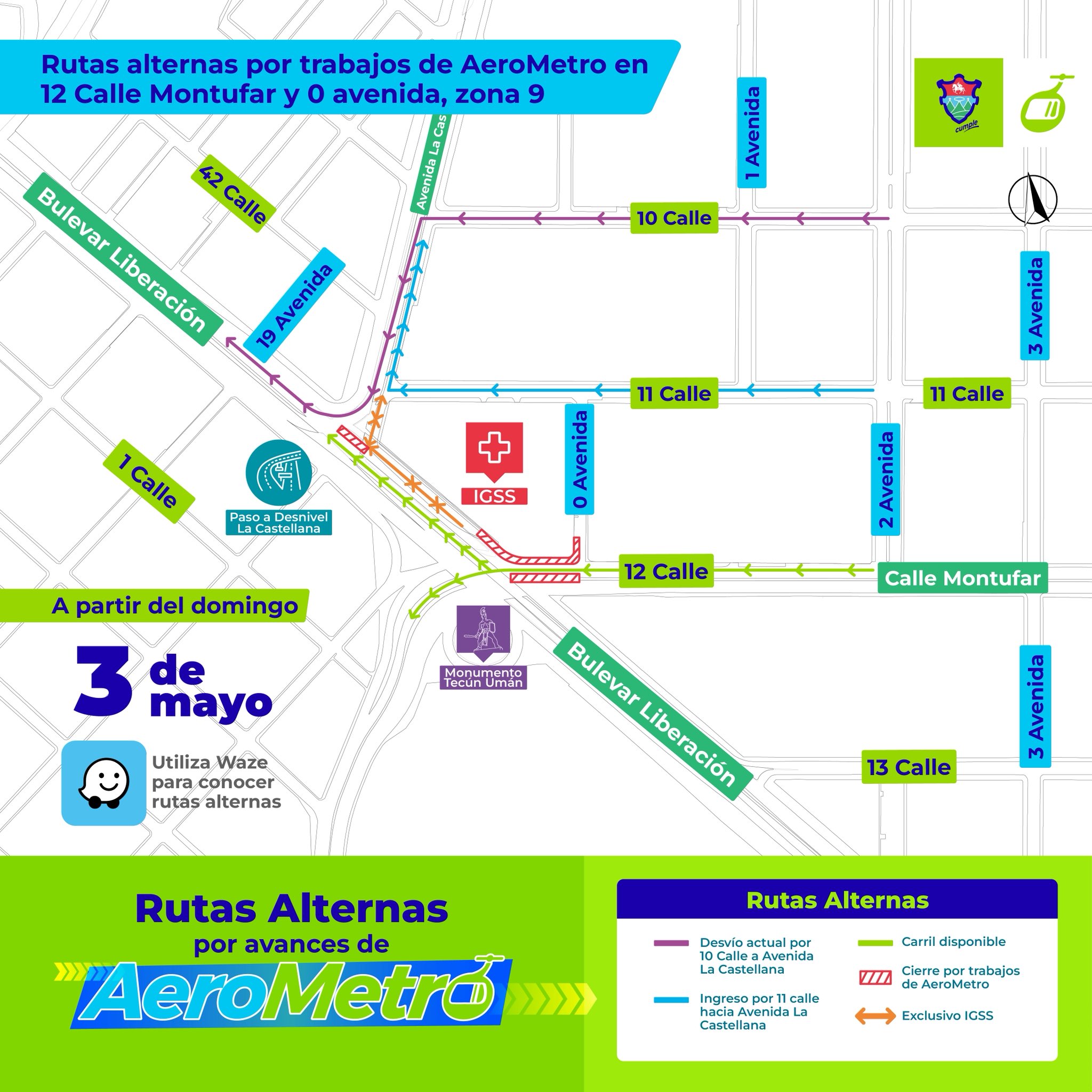 Mapa de desvíos y rutas alternas por trabajos del AeroMetro.Foto: Aerometro Guatemala/ MuniGuate