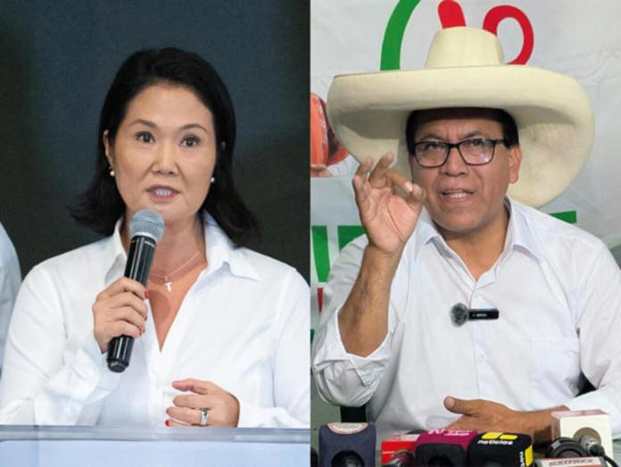 Combo de fotografías de archivo que muestra a los candidatos a la segunda vuelta presidencial en Perú, Keiko Fujimori (i) y Roberto Sánchez. Foto: La Hora/ EFE/Renato Pajuelo/Fernando Gimeno