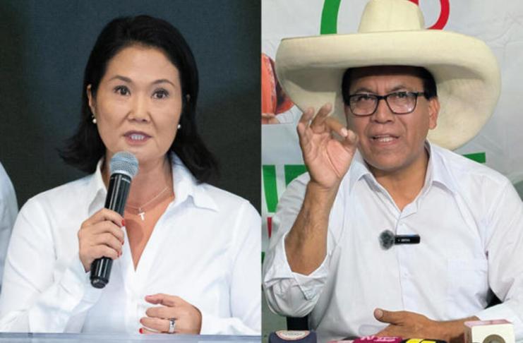 Combo de fotografías de archivo que muestra a los candidatos a la segunda vuelta presidencial en Perú, Keiko Fujimori (i) y Roberto Sánchez. Foto: La Hora/ EFE/Renato Pajuelo/Fernando Gimeno