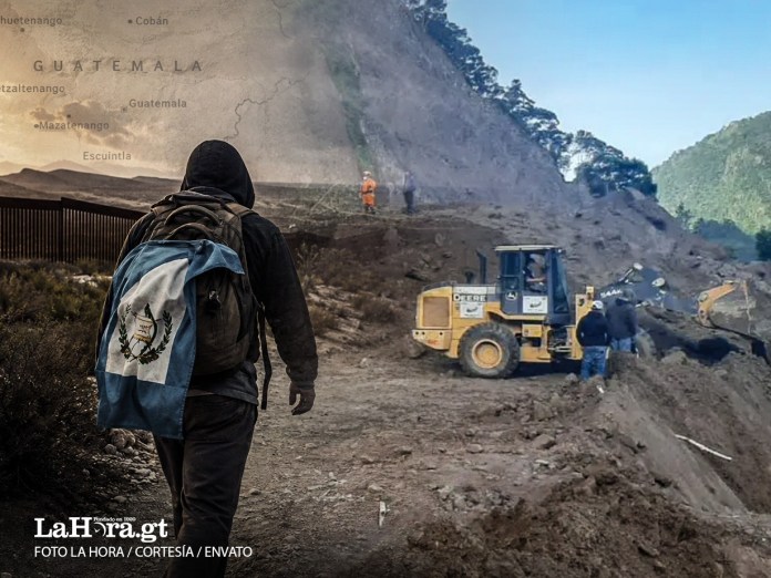 Imagen ilustrativa: del lado izquierdo, un migrante emprendiendo su camino; del lado derecho, el derrumbe del proyecto vial de mejoramiento de la carretera Tajumulco–aldea Tocache (San Pablo, San Marcos), valorado en Q252 millones, que colapsó en julio de 2021.