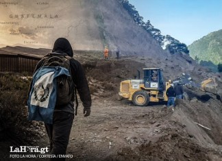 Imagen ilustrativa: del lado izquierdo, un migrante emprendiendo su camino; del lado derecho, el derrumbe del proyecto vial de mejoramiento de la carretera Tajumulco–aldea Tocache (San Pablo, San Marcos), valorado en Q252 millones, que colapsó en julio de 2021.