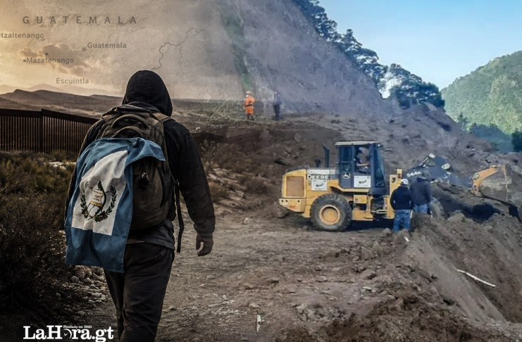 Imagen ilustrativa: del lado izquierdo, un migrante emprendiendo su camino; del lado derecho, el derrumbe del proyecto vial de mejoramiento de la carretera Tajumulco–aldea Tocache (San Pablo, San Marcos), valorado en Q252 millones, que colapsó en julio de 2021.