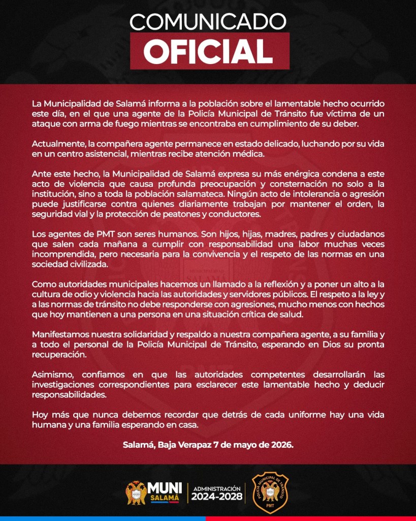 La municipalidad de Salamá se pronunció por el ataque contra la agente de la PMT en la vía pública.
