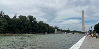Vista general, este 18 de junio, del famoso estanque reflectante de la capital estadounidense, que ha vuelto a teñirse de verde por la repoblación de algas acuáticas, en Washington DC. Foto La Hora: EFE