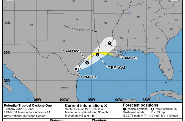 EE. UU. prevé la primera tormenta tropical del Atlántico en Texas con inundaciones Imagen cedida por la Oficina Nacional de Administración Oceánica y Atmosférica (NOAA) a través del Centro Nacional de Huracanes (NHC) estadounidense que muestra el pronóstico de tres días del paso de la tormenta tropical. Foto La Hora: EFE