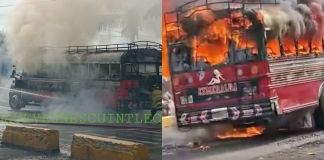 Bus incendiado en Escuintla. Foto La Hora: Lo que ve un Escuintleco FB y CRN Noticias